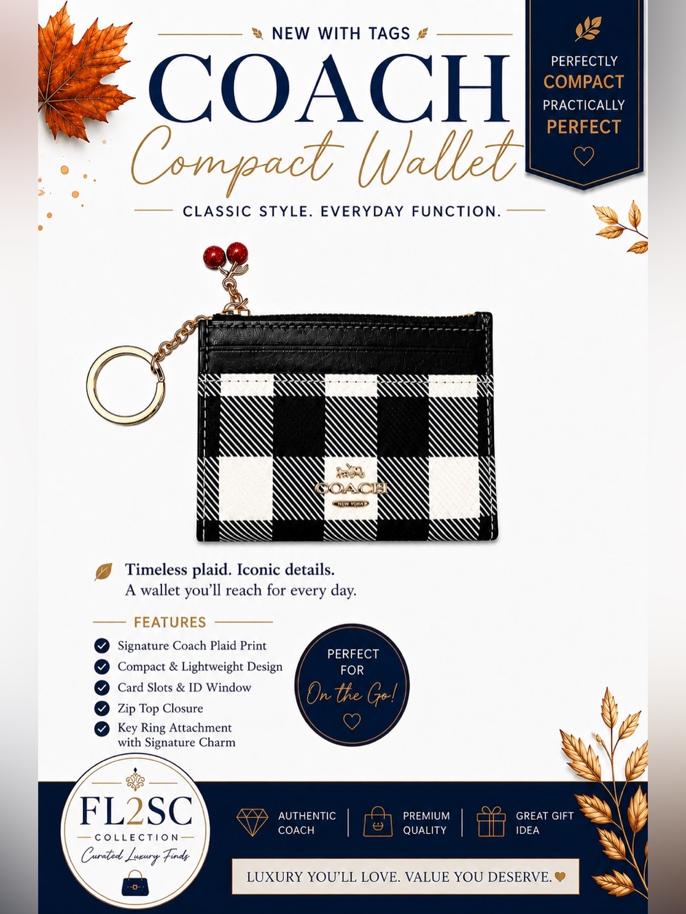 NWT Coach Black & White Plaid Compact Card Case